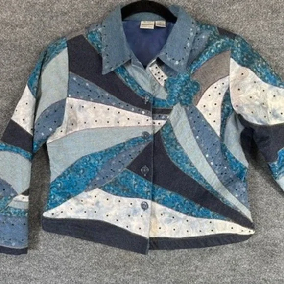 Patchwork Denim 100% Cotton Jacket Sz M Art to Wear Shabby Chic Hippie Bohemian - Picture 2 of 16